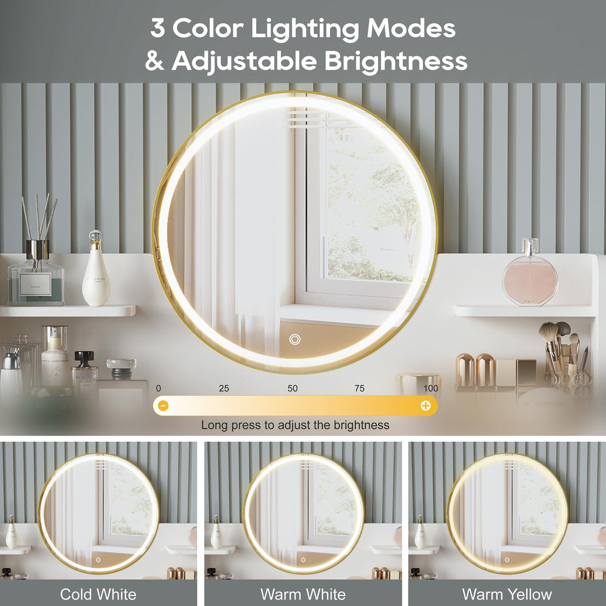 DELUXE LIVING Makeup Vanity Desk with Mirror and Lights, Glass Top Vanity Desk with 3 Drawers & 2 Storage Shelves, Bedroom Dressing Table with Power Outlet, 3 Lighting Mode, White DELUXE LIVING