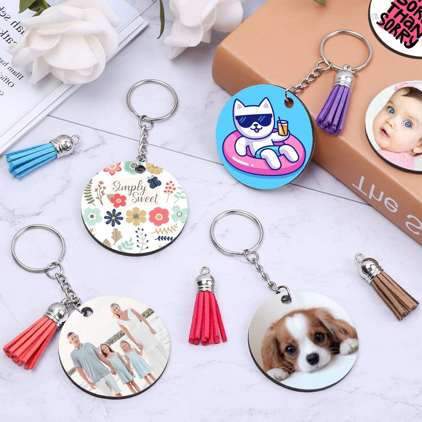 ZOCONE 250 Pcs Round Sublimation Keychain Blanks Bulk, Sublimation Blanks Keychain 2in Heat Transfer Blank Keychains, Double Side Keychain with Tassels, Jump Rings, DIY Gift Ornament