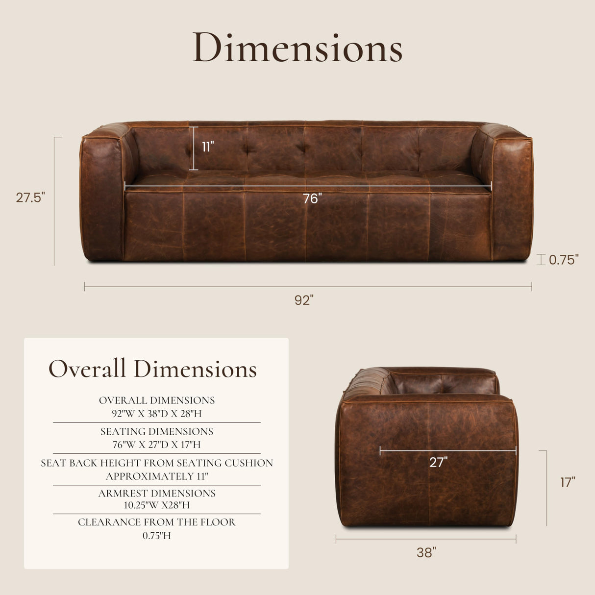 POLY & BARK Capa 92" Sofa – Chocolate Brown Full-Grain Pure-Aniline Italian Leather, Boxy Modern Design, Feather-Fiber Cushions, Solid Wood Frame POLY & BARK
