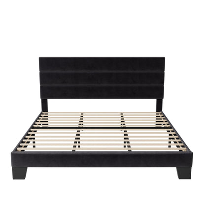 Allewie King Size Platform Bed Frame with Velvet Upholstered Headboard and Wooden Slats Support, Fully Upholstered Mattress Foundation/No Box Spring Needed/Easy Assembly, Black