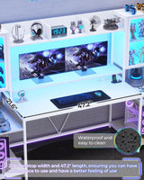 SEDETA Gaming Desk 74.8'' with LED Lights, Hutch and Storage Shelves, Computer Desk with Monitor Stand, Large PC Gamer Desk Workstation, Ergonomic Gaming Table for Bedroom, Living Room, White SEDETA