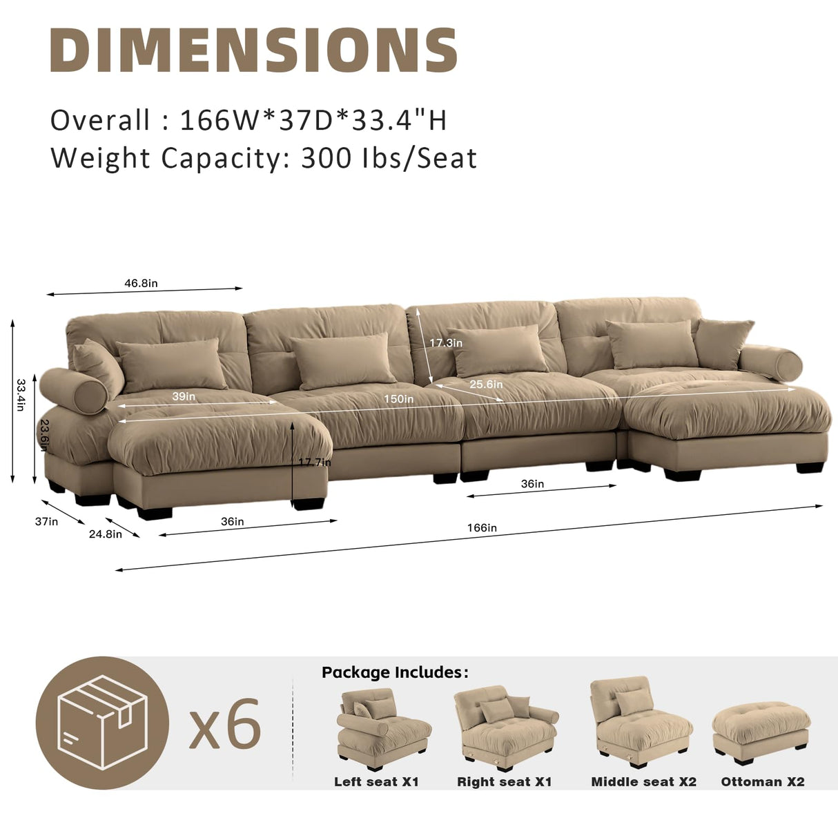 SoarTalent 166" Modern Oversized Modular Sectional Sofa 4-Seater U-Shaped Cloud Sleeper Couch with 2 Ottomans, Pillows and Overthick Cushion for Living Room, Home Theater, Apartment, Velvet, Camel SoarTalent
