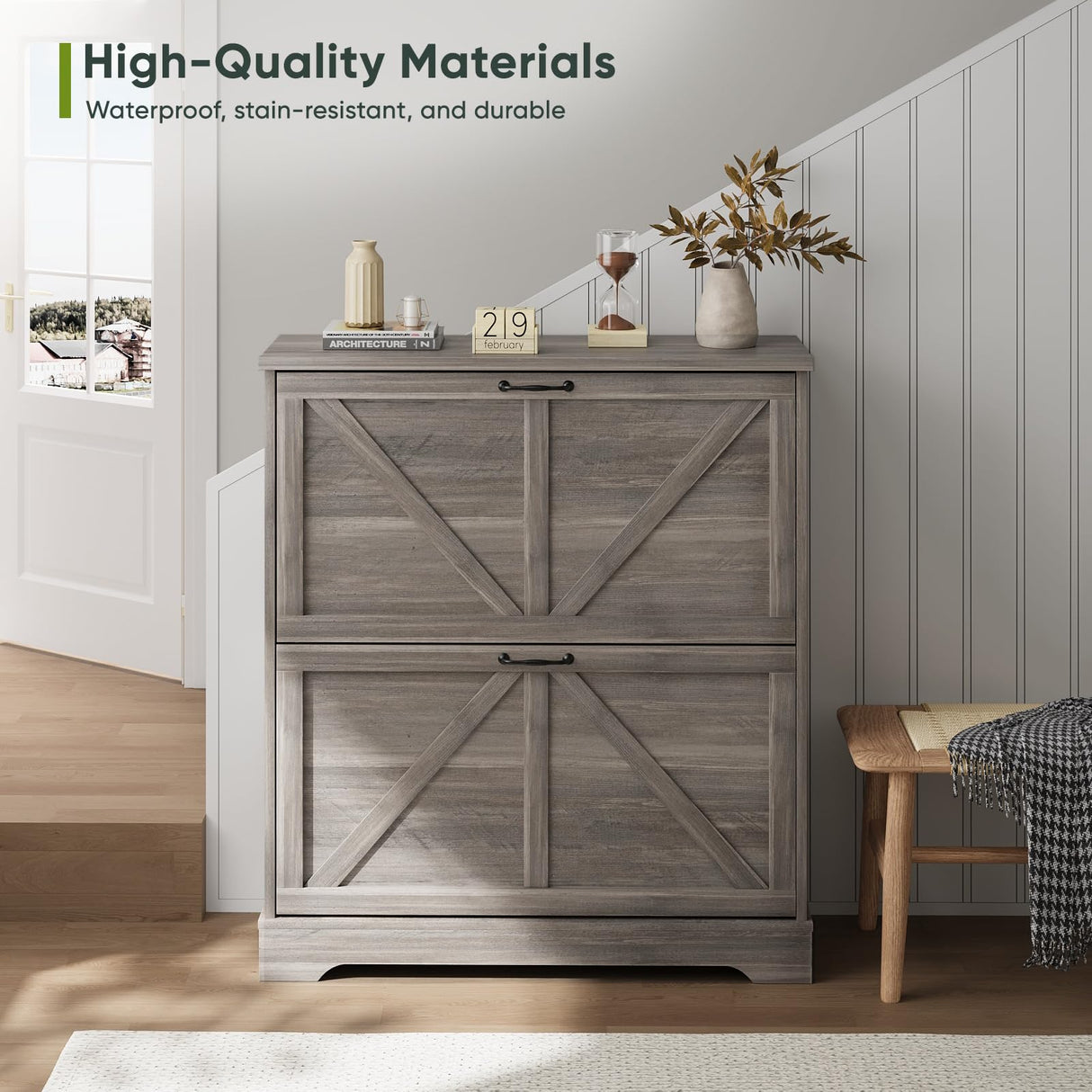 Smart Fendee Shoe Storage with 2 Flip Drawers, Farmhouse Organizer umooper with Wooden Feet, Slim Shoe Rack, Narrow Entryway Storage, Gray Smart FENDEE