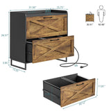 Lateral File Cabinet 2 Drawer File Cabinet with Charging Station, Modern Farmhouse Large Wood Home Office Furniture for Legal/Letter/A4 Size Hanging Files, Rustic Brown and Black Vabches
