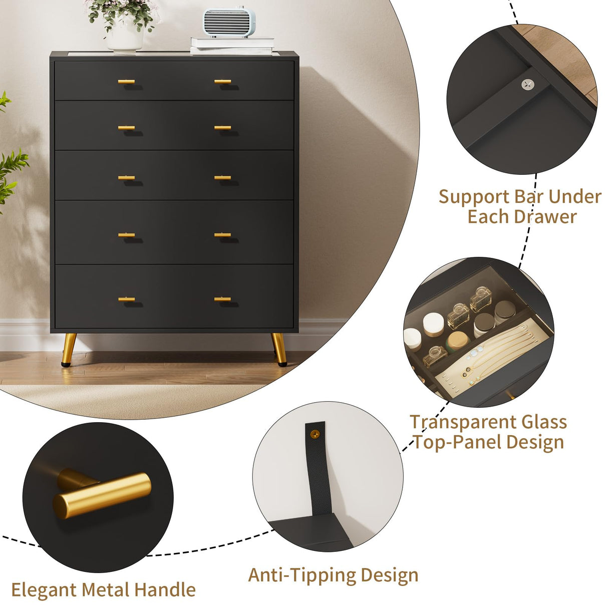 JanflyHome Drawer Dresser with LED Lights, 39" H Tall Tempered Glass Top Dresser, Modern Wood Chest of Drawers with Jewelry Organizer, Wardrobe Closet Island for Bedroom, Living Room, Black JanflyHome