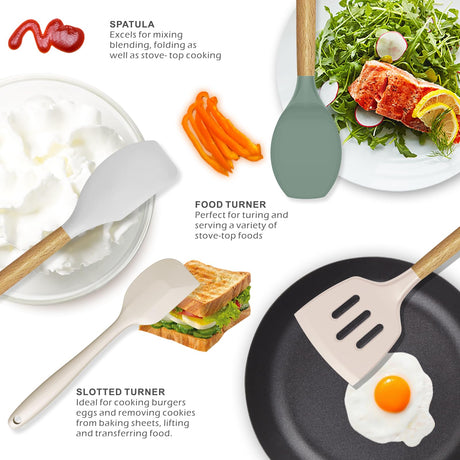 Silicone Cooking Utensils Set - 446°F Heat Resistant Silicone Kitchen Utensils for Cooking,Kitchen Utensil Spatula Set w Wooden Handles and Holder, BPA FREE Gadgets for Non-Stick Cookware (Colorful) oannao