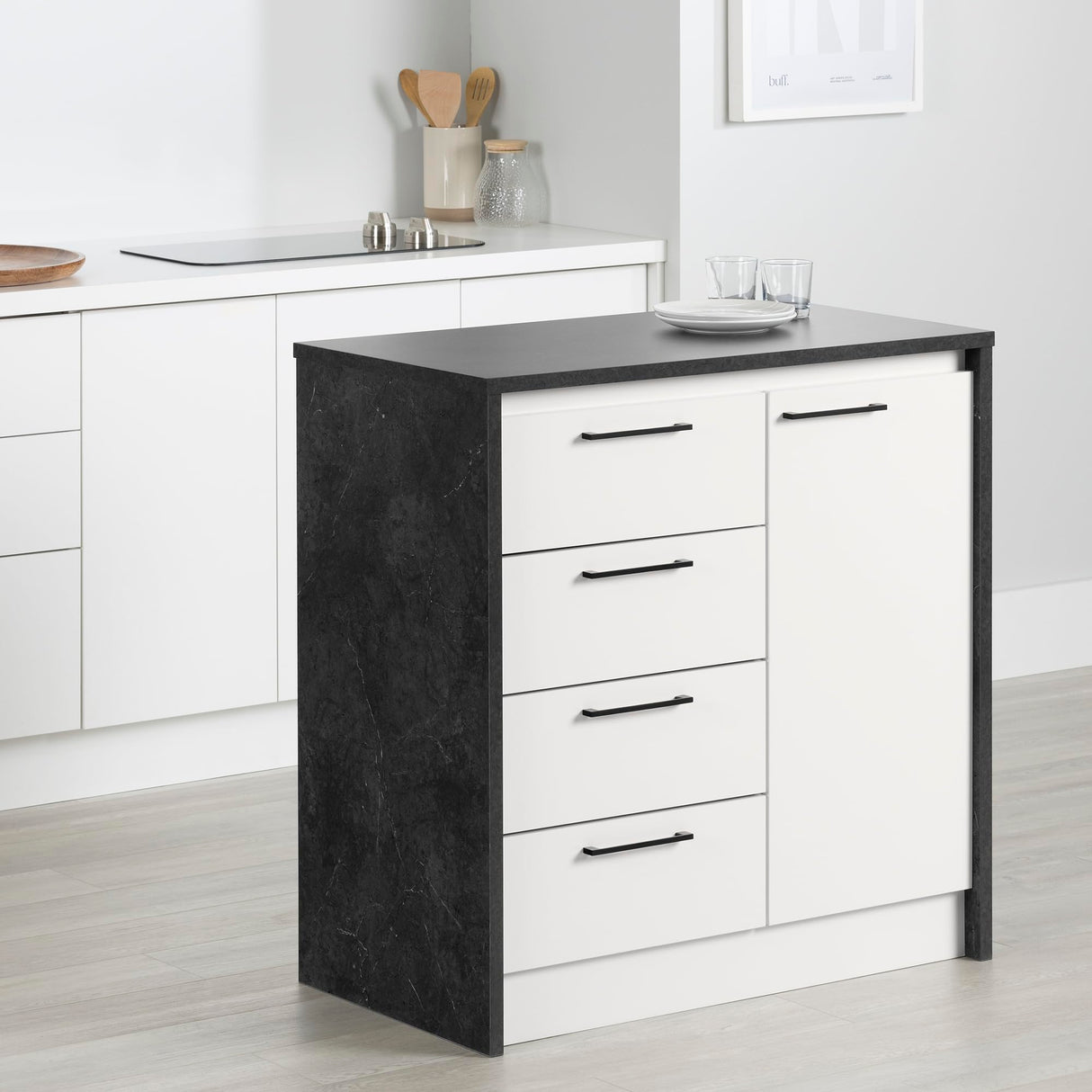 South Shore Furniture Myro Compact Kitchen Island with Storage, Small, Faux Black Stone and White South Shore