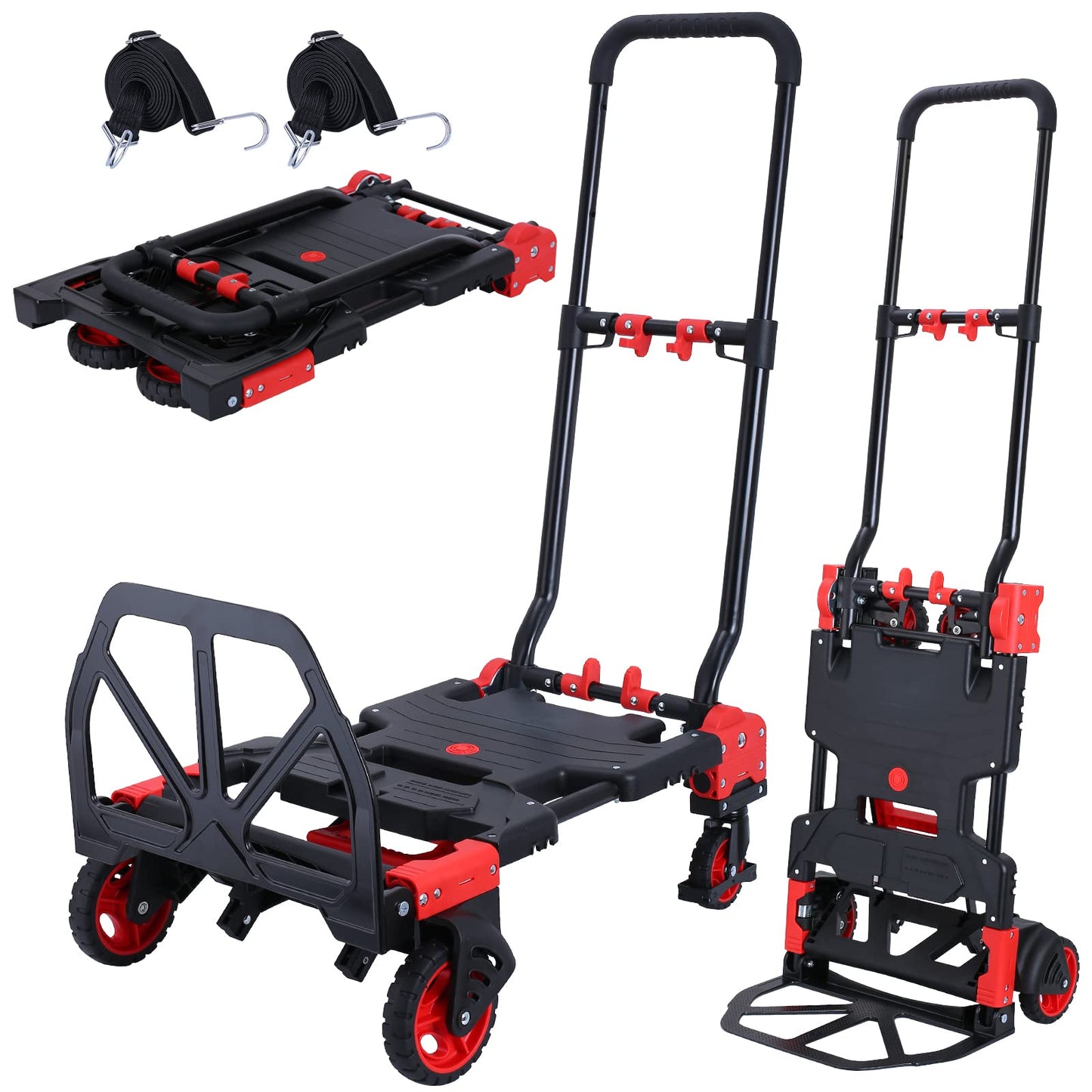 2-in-1 Folding Hand Truck Dolly 330LB Load Carrying,Hand Truck Foldable Dolly with Retractable Handle and 4 Rubber Wheels,Portable Folding Hand Cart for Luggage/Travel/Office