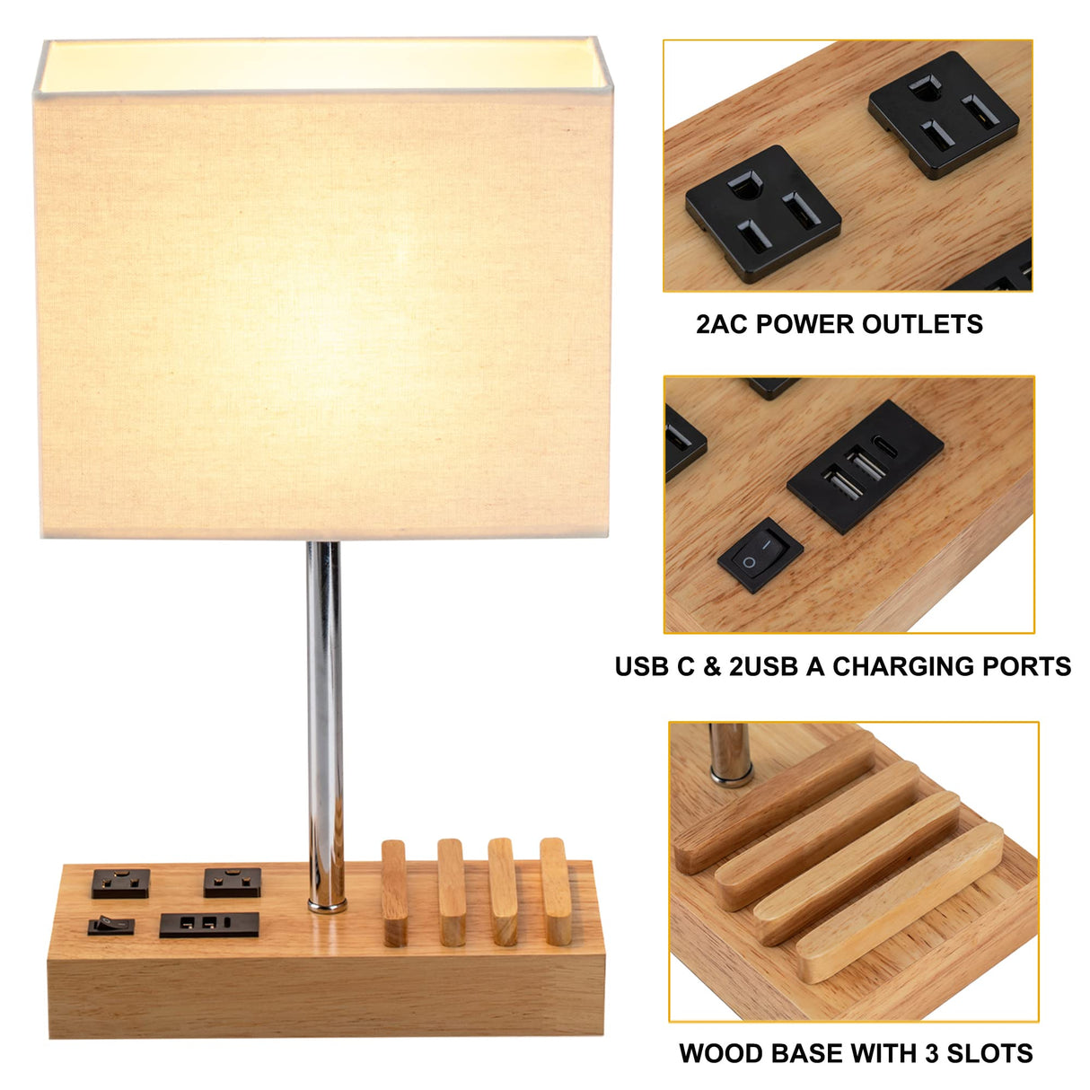 Dreamholder Desk Lamp with 3 USB Charging Ports, Table Lamp with 2AC Outlets and 3 Phone Stands, Nightstand Bedside Lamp with Natural Wooden Base and Cream Linen Shade Dreamholder
