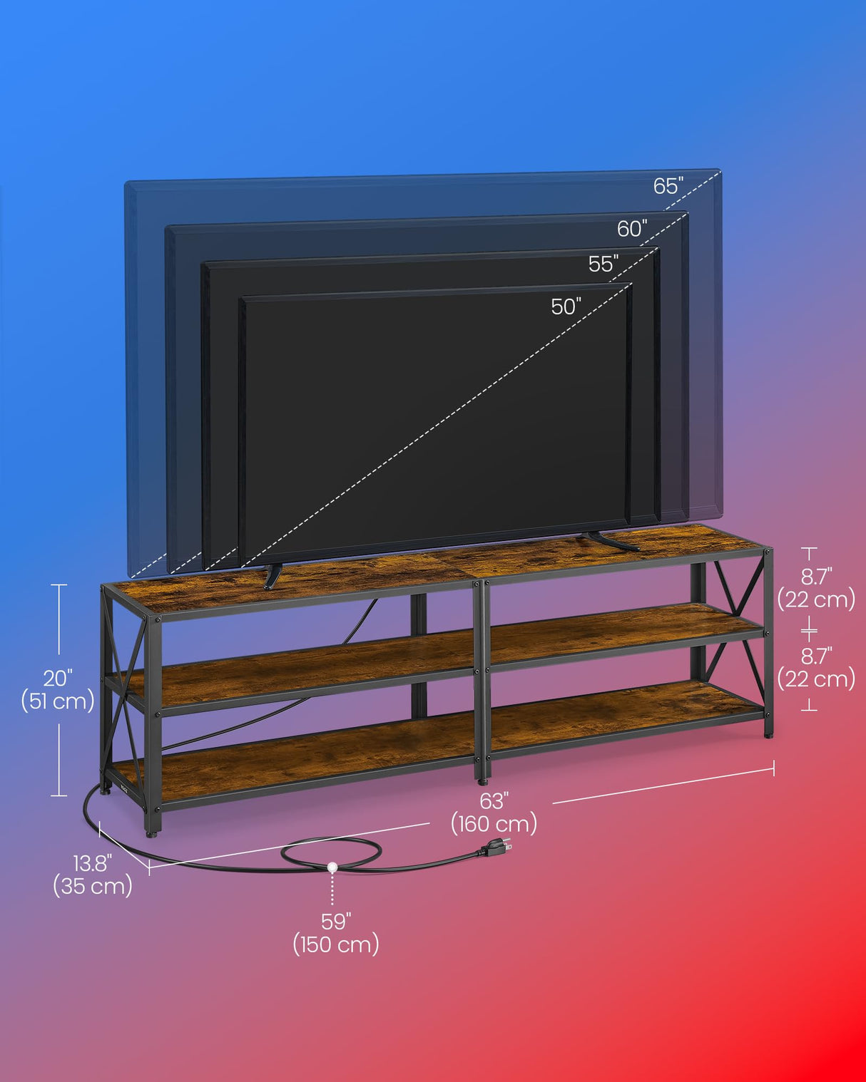 VASAGLE TV Stand with Power Outlets and LED Lights, for TVs up to 65 Inches, Entertainment Center with Open Storage Shelves, TV Console Table for Living Room, Rustic Brown and Ink Black ULTV118K01 VASAGLE