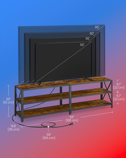 VASAGLE TV Stand with Power Outlets and LED Lights, for TVs up to 65 Inches, Entertainment Center with Open Storage Shelves, TV Console Table for Living Room, Rustic Brown and Ink Black ULTV118K01