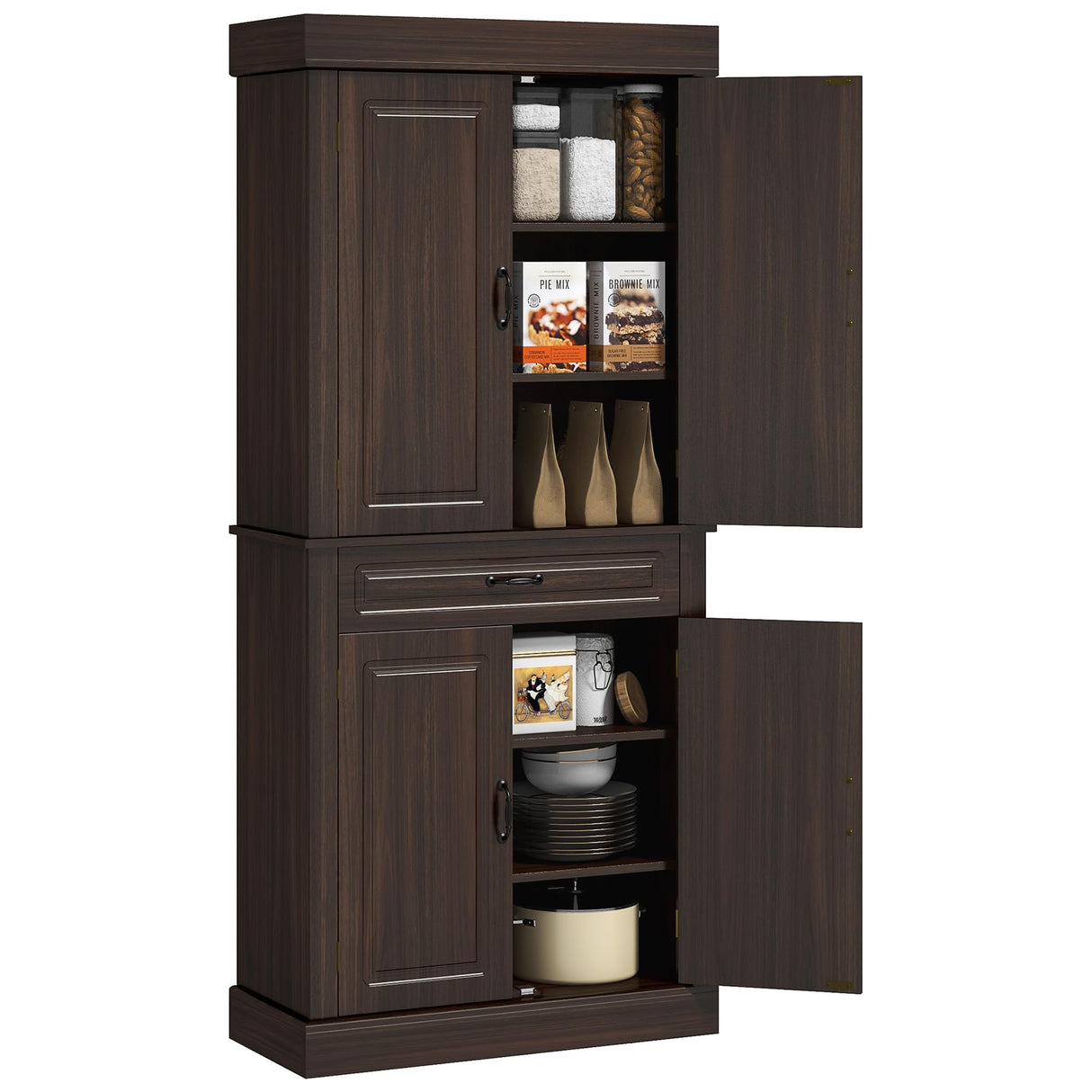 HOMCOM 71" Freestanding Kitchen Pantry Cabinet, Tall Storage Cabinet with 4 Doors and Drawer for Dining Room, Coffee HOMCOM