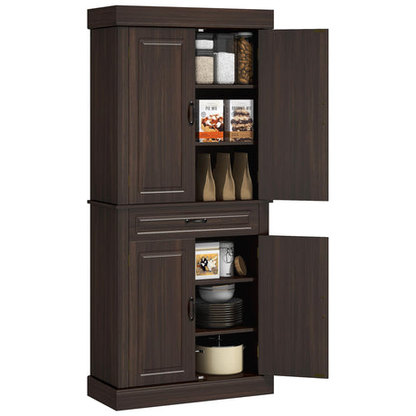HOMCOM 71" Freestanding Kitchen Pantry Cabinet, Tall Storage Cabinet with 4 Doors and Drawer for Dining Room, Coffee HOMCOM