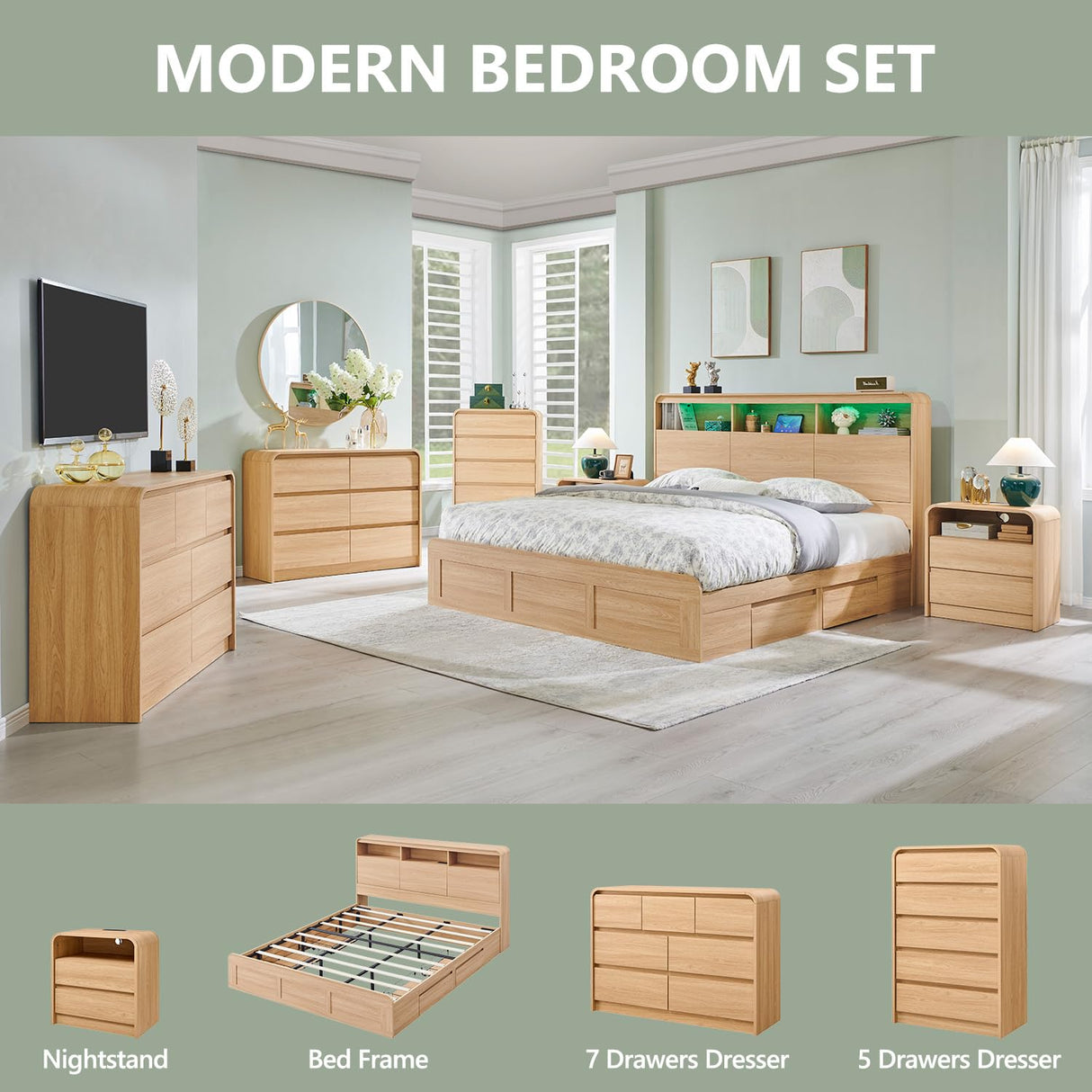 Aitjunz Modern King Size Bed Frame with 50" Tall Storage Headboard, Wood King Size Platform Bed Frame w/4 Drawers, Curved Profile Design,LED Light, Charging Station,No Box Spring Needed, Natural Oak Aitjunz