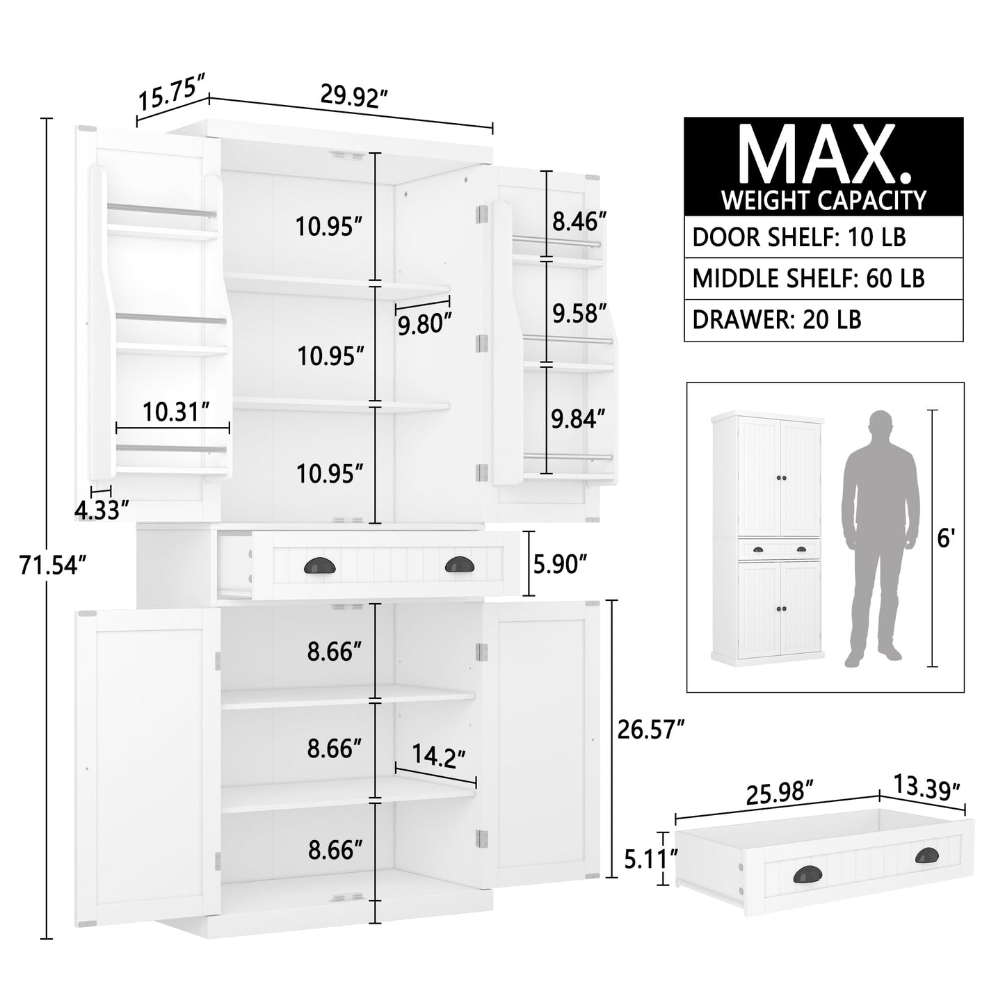 Function Home Pantry Cabinet, 72 Inch Tall Kitchen Storage Cabinet, Freestanding Cupboard with Adjustable Shelves, 1 Drawer and 6 Door Storage Shelves for Kitchen Dinging Living Room, White - WoodArtSupply