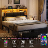 TIGUBFRE LED Bed Frame Queen Size with 2 Hidden Storage Drawers & Bookcase, PU Leather Headboard, Upholstered Platform Bed with Charging Station, Metal Slats Support, Noise Free, No Box Spring Needed TIGUBFRE