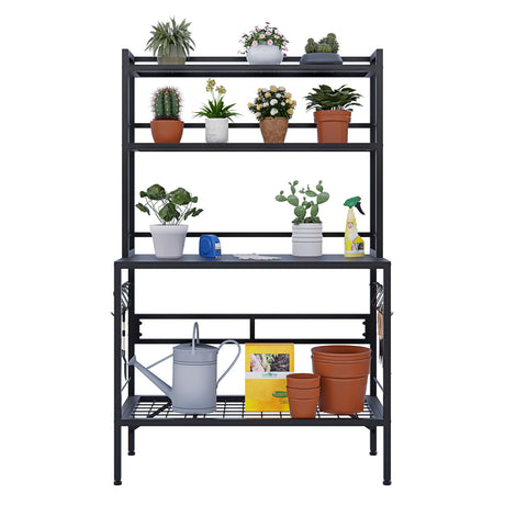 FUXJUM 63” Metal Potting Bench&Table with Metal Tabletop, 4-Tier Plant Shelves, 8 Side Hooks, Outdoor/Indoor Gardening Workstation and Plant Stand, Black FUXJUM