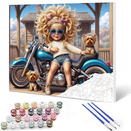 Tucocoo Fashion Girl Paint by Numbers Kits for Adults Girl and Yorkshire Terrier on Motorcycle Paint by Number Colorful DIY Acrylic Painting Canvas Art Set Home Decor Gift 16x20 Inch (Without Frame) Tucocoo