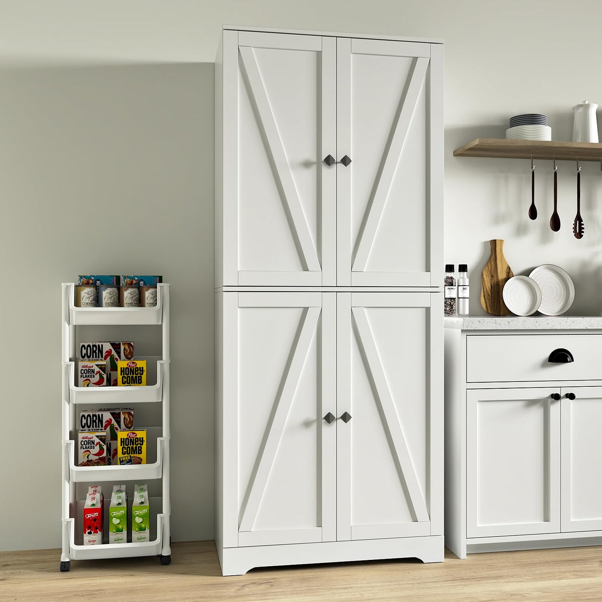 NOVAMAISON Kitchen Pantry Cabinet, 72” Tall Farmhouse Storage Cabinet with 4 Barn Doors and Adjustable Shelves, Pantry Cabinet Versatile Storage for Kitchen, Living Room, White NOVAMAISON