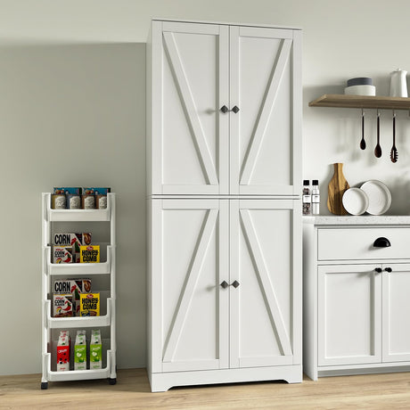 NOVAMAISON Kitchen Pantry Cabinet, 72” Tall Farmhouse Storage Cabinet with 4 Barn Doors and Adjustable Shelves, Pantry Cabinet Versatile Storage for Kitchen, Living Room, White NOVAMAISON