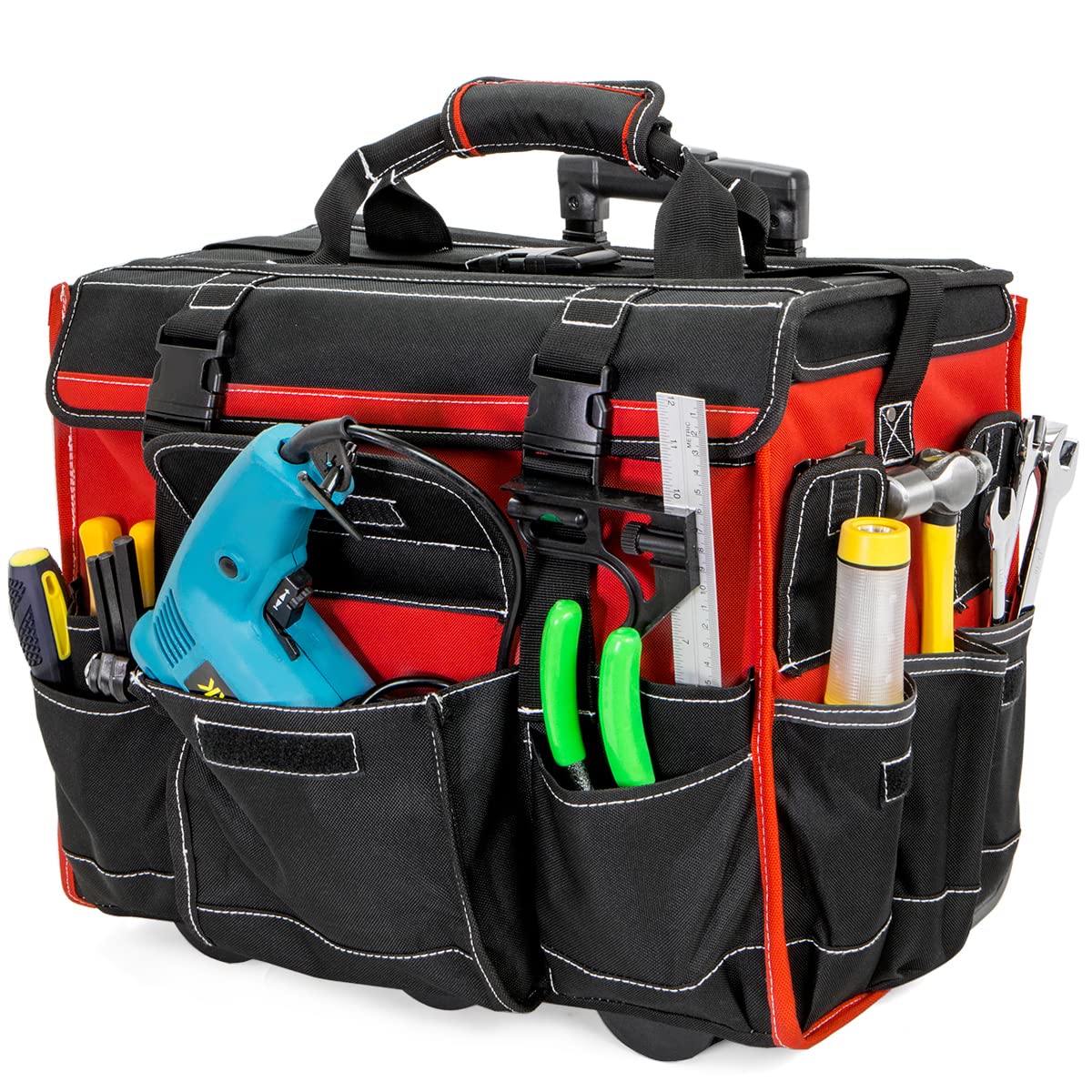 XtremepowerUS 18" Rolling Tool Bag Organizer Adjustable Telescoping Handle Wide Storage Organizer Tool Box with Wheels, Red/Black XtremepowerUS