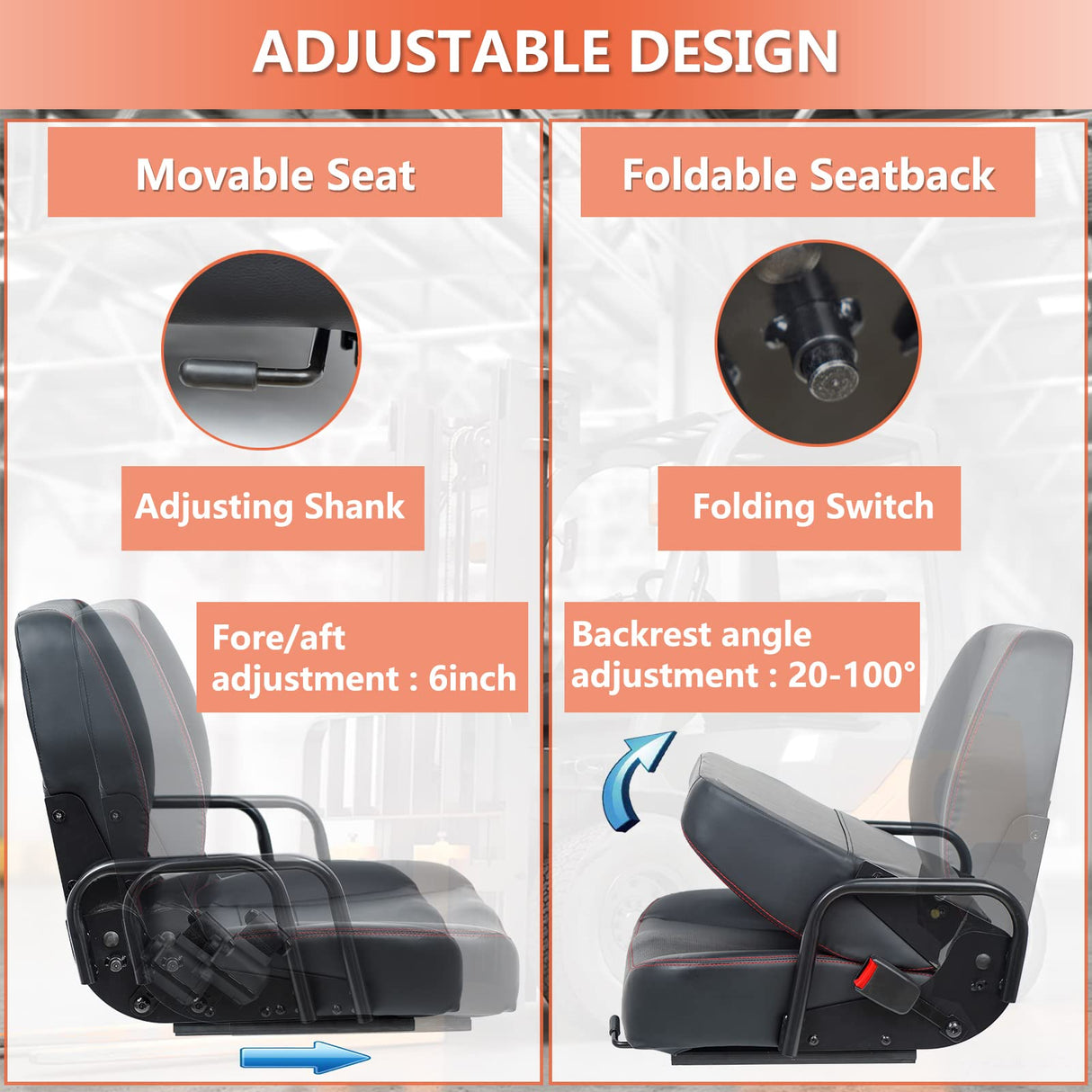 TICSEA Universal Forklift Seat,Tractor Seat with Adjustable Back,Safety Belt and Operator Position Switch,Excavator Skid Loader Backhoe Dozer Telehandler TICSEA
