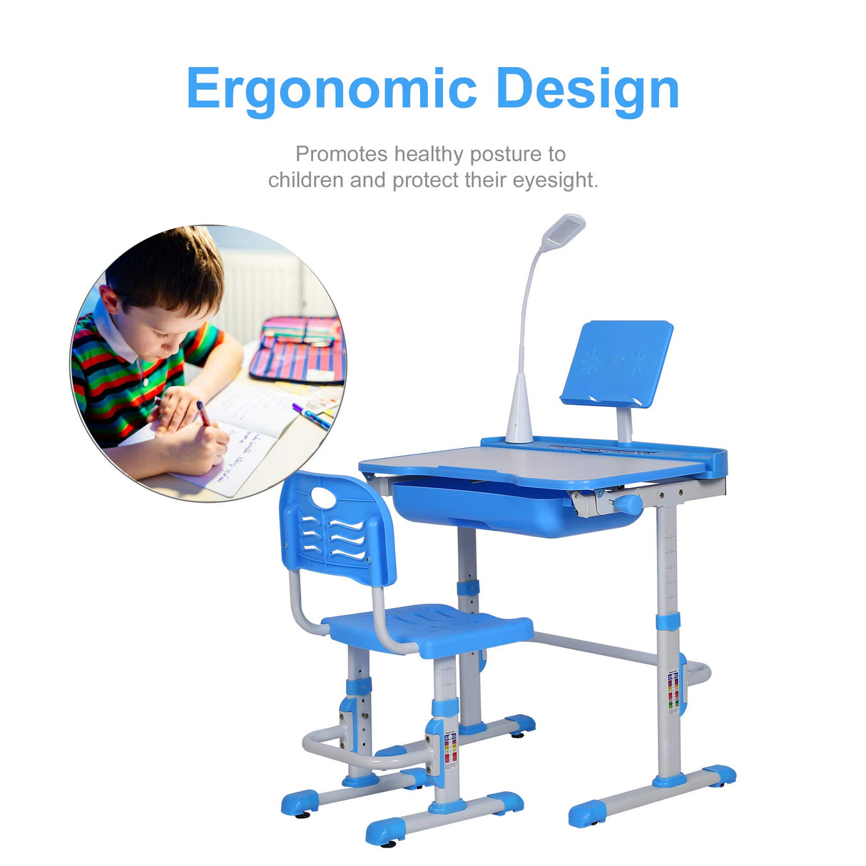 SMAGREHO Kids Desk and Chair Set, Height Adjustable Child's School Study Writing Tables with Tilt Desktop, LED Light, Storage Drawer, Book Stand (Blue) SMAGREHO