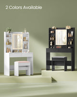 VASAGLE Vanity Desk with Mirror and Lights, Makeup Vanity with Upholstered Vanity Stool, Dimmable LED Lights, Adjustable Shelves, 7 Compartments, 2 Drawers, for Bedroom, Ink Black URDT131B01 VASAGLE
