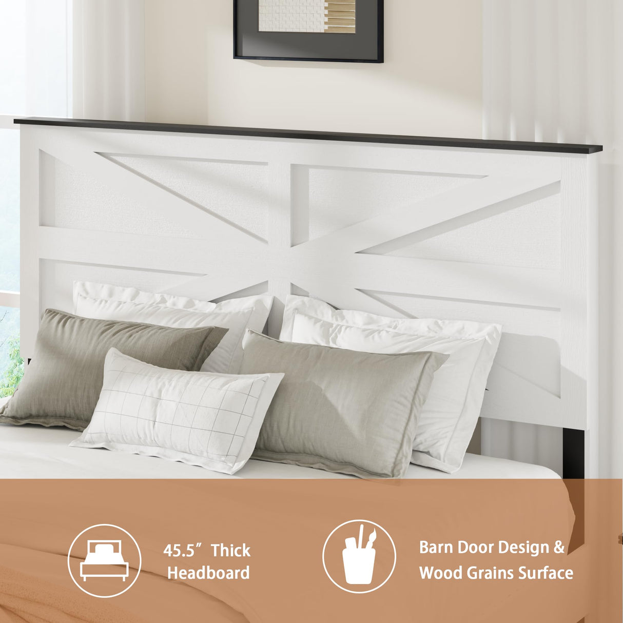 madeslves Farmhouse King Size Wooden Bed Frame with Headboard, Boho Platform Bedframe, Sturdy Metal Slats Support, No Box Spring Needed, Noisy Free, Easy Assembly, White madeslves