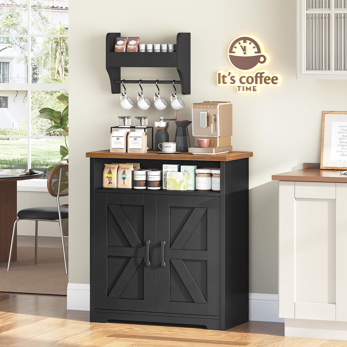 YATINEY Coffee Bar Cabinet, Kitchen Island with Storage, Farmhouse Sideboard Buffet Cabinet with Dual-Purpose Floating Shelf and Hooks, for Restaurant, Living Room, Rustic Brown KF22BR YATINEY