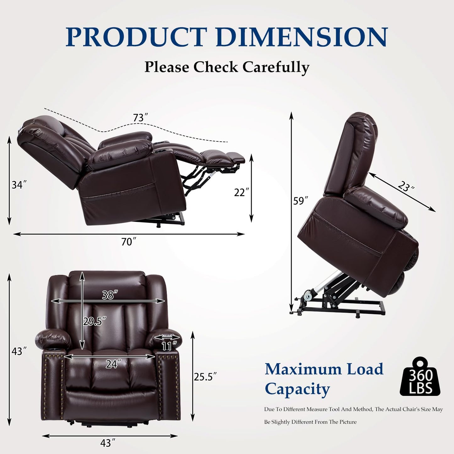 Large Power Lift Chairs Recliners for Elderly with Heated and Massage, Overstuffed Adjustable Lift Chairs, 3 Positions, Breathable Leather, USB-A and USB-C, Cup Holder, Side Pocket Dark Brown