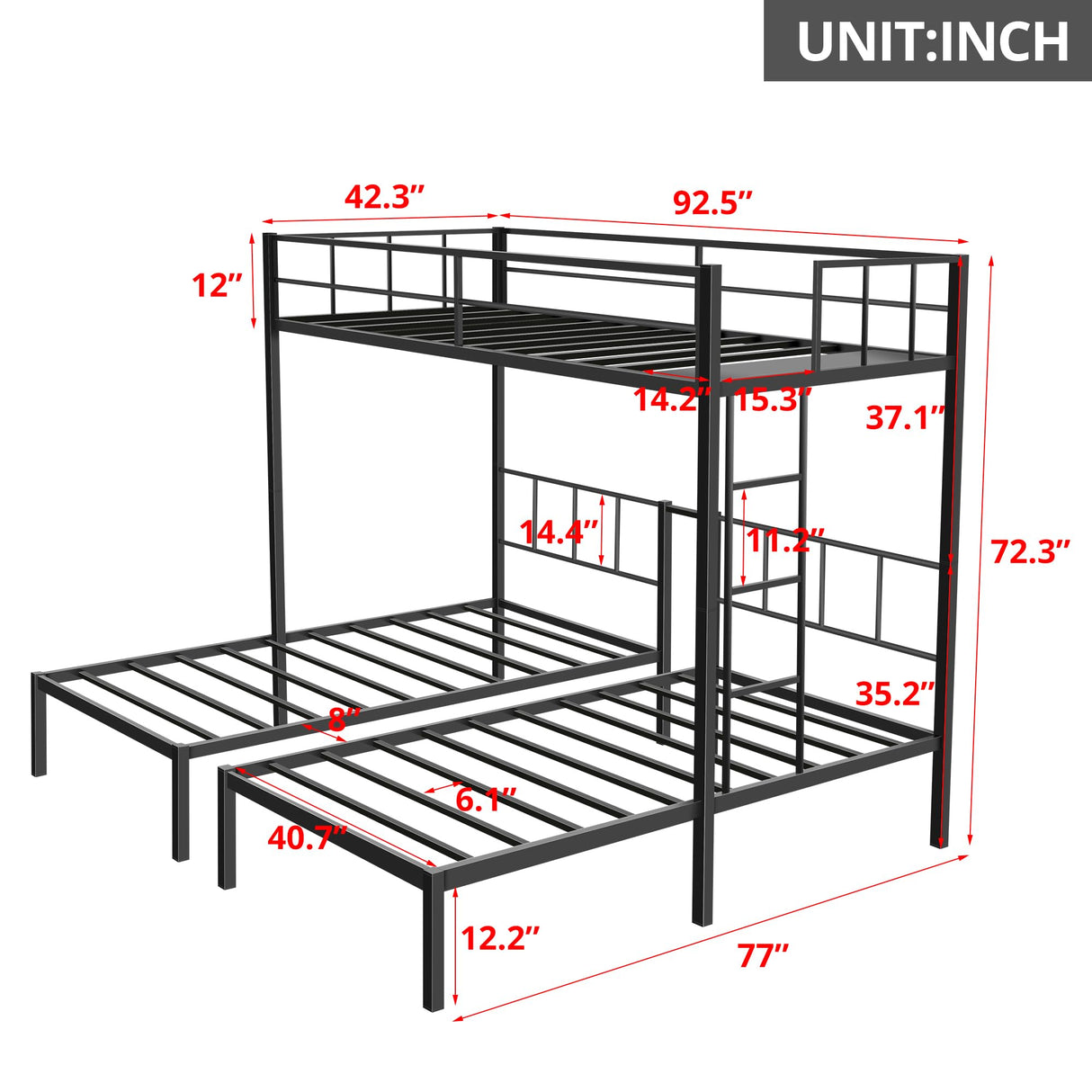 Metal Triple Bunk Bed, Detachable Triple Bunkbed for 3 with Guardrails & Ladder, Twin Over Twin & Twin Bunk Bed Can Be Separated into 3 Twin Beds for Teens, Adults, No Box Spring Needed, Easy Assembly LLS