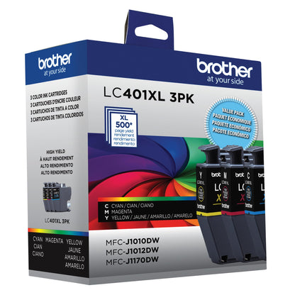 Brother Genuine LC401XL 3PK High Yield 3-Pack Color -Ink -Cartridges Includes 1- -Cartridge Each of Cyan, Magenta and Yellow -Ink.