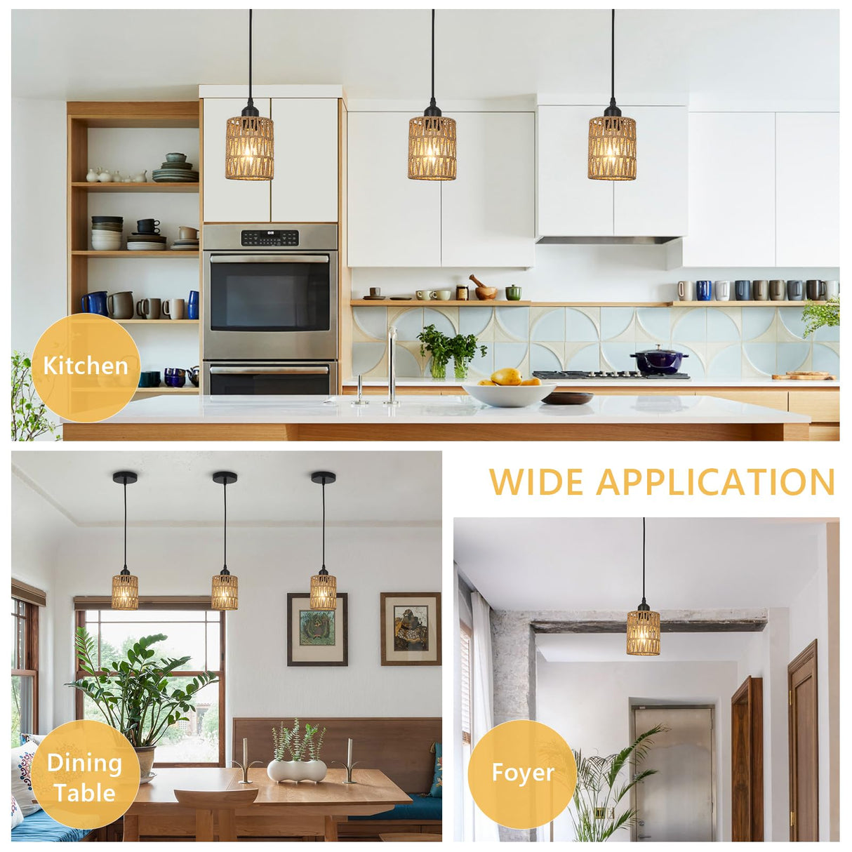 LAMSU Rattan Pendant Lights, Boho Farmhouse Pendant Lighting with Hand Woven Natural Rattan Shade, Small Wicker Light Fixtures Ceiling Hanging for Dining Room Kitchen Bedroom Foyer Hallway LAMSU