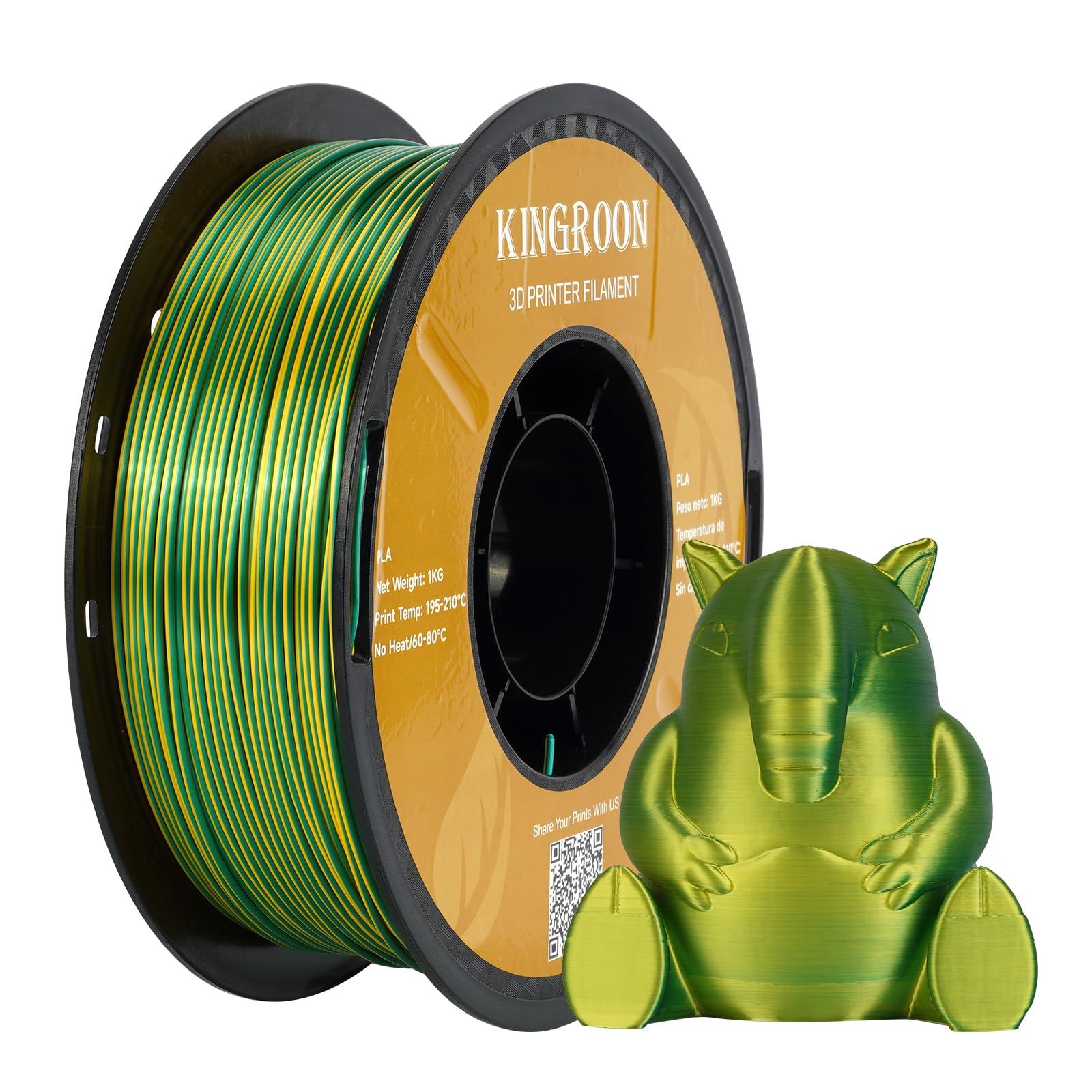 Kingroon PLA 3D Printer Filament, Dual Color Silk PLA Filament, Dimensional Accuracy +/- 0.03 mm, 1kg Spool(2.2lbs), 1.75 mm, Yellow Green - WoodArtSupply