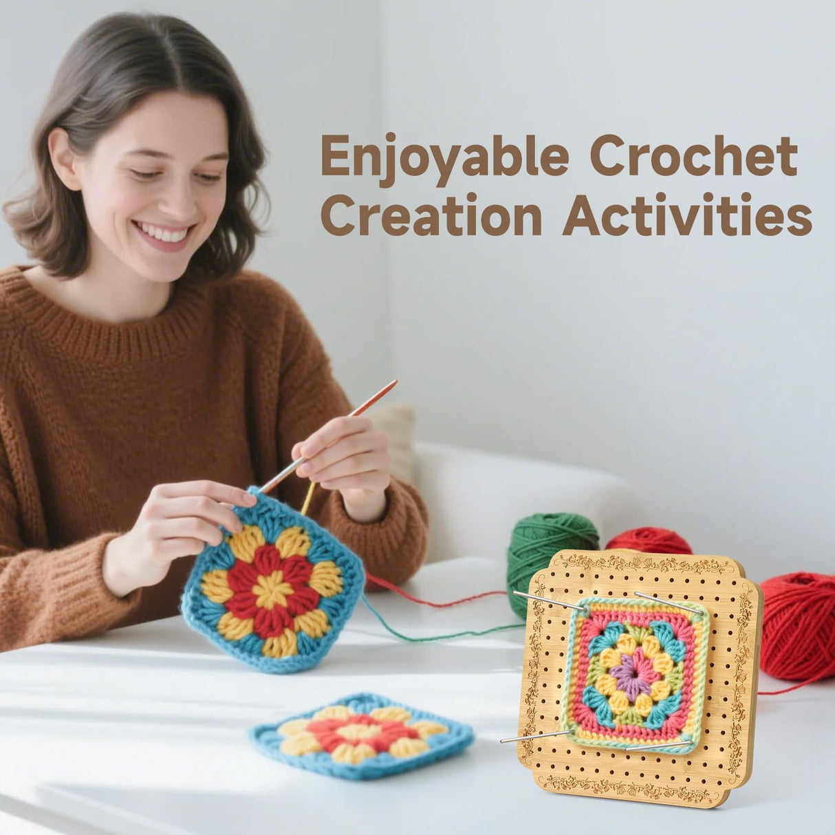 Crochet Blocking Board with Tulips Pattern, 22 Pins/Pegs, Blocking Board for Crocheting Knitting, Bamboo Granny Square Blocking Boards for Crochet Projects, Crocheting Accessories Gifts FEIYAUMI