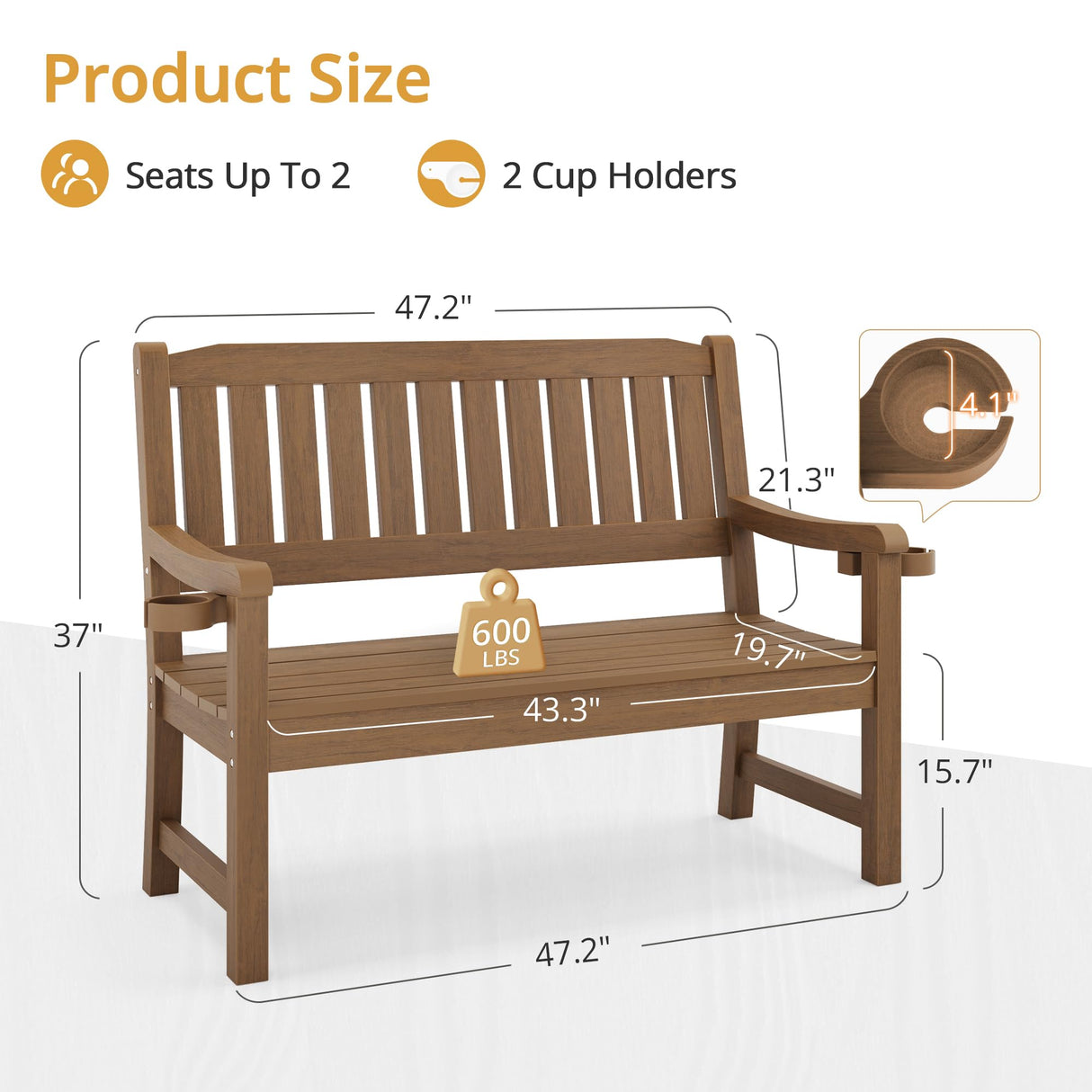 LUE BONA Outdoor Bench, 2-Person HDPS Garden Bench, Outdoor Benches Weatherproof, All-Weather Fade/Rot Resistant Patio Bench for Park, Front Porch, Backyard (Brown-Oil Printed) LUE BONA