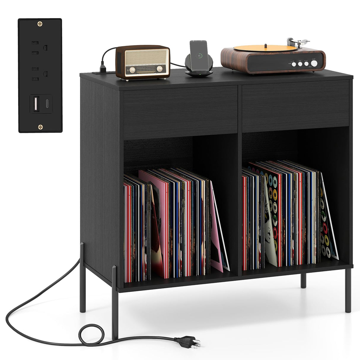 Giantex Large Record Player Stand with Charging Station, Mid Century Wood Turntable Stand with 2 Storage Drawers & Compartments, Vinyl Record Storage for Living Room (Black) Giantex