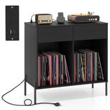 Giantex Large Record Player Stand with Charging Station, Mid Century Wood Turntable Stand with 2 Storage Drawers & Compartments, Vinyl Record Storage for Living Room (Black) Giantex