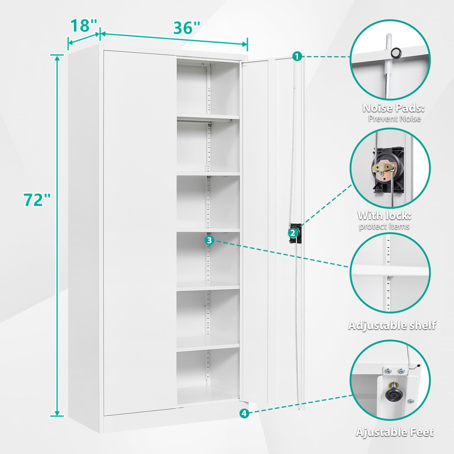 SISESOL White Metal Storage Storage Cabinet with 5 Adjustable Shelves,Metal Cabinet with Locking Doors,Steel Pantry Cabinet with Lock,72" Lockable Storage Cabinet for Home,Office,Garage,Kitch - WoodArtSupply