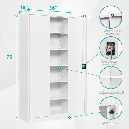 SISESOL White Metal Storage Storage Cabinet with 5 Adjustable Shelves,Metal Cabinet with Locking Doors,Steel Pantry Cabinet with Lock,72" Lockable Storage Cabinet for Home,Office,Garage,Kitch - WoodArtSupply