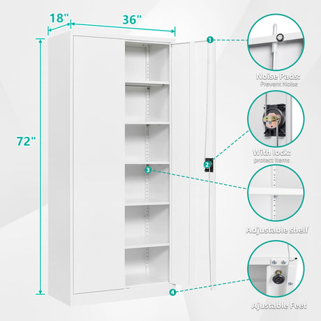 SISESOL White Metal Storage Storage Cabinet with 5 Adjustable Shelves,Metal Cabinet with Locking Doors,Steel Pantry Cabinet with Lock,72" Lockable Storage Cabinet for Home,Office,Garage,Kitchen,Shop SISESOL