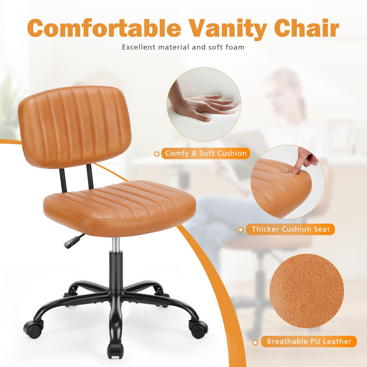 Sweetcrispy Small Office Desk Chair with Wheels Armless Comfy Computer Chair with Lumbar Support, PU Leather Low Back Adjustable Height 360° Rolling Swivel Task Chair Without Arm for Home, Bedroom Sweetcrispy