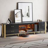 Bestier TV Stand for 75/80/85/90 Inch TV, LED Gaming Entertainment Center, Modern TV Cabinet with Glass Shelves for Living Room, 2 Storage Drawers & Cabinets for Bedroom, Black Glossy Bestier