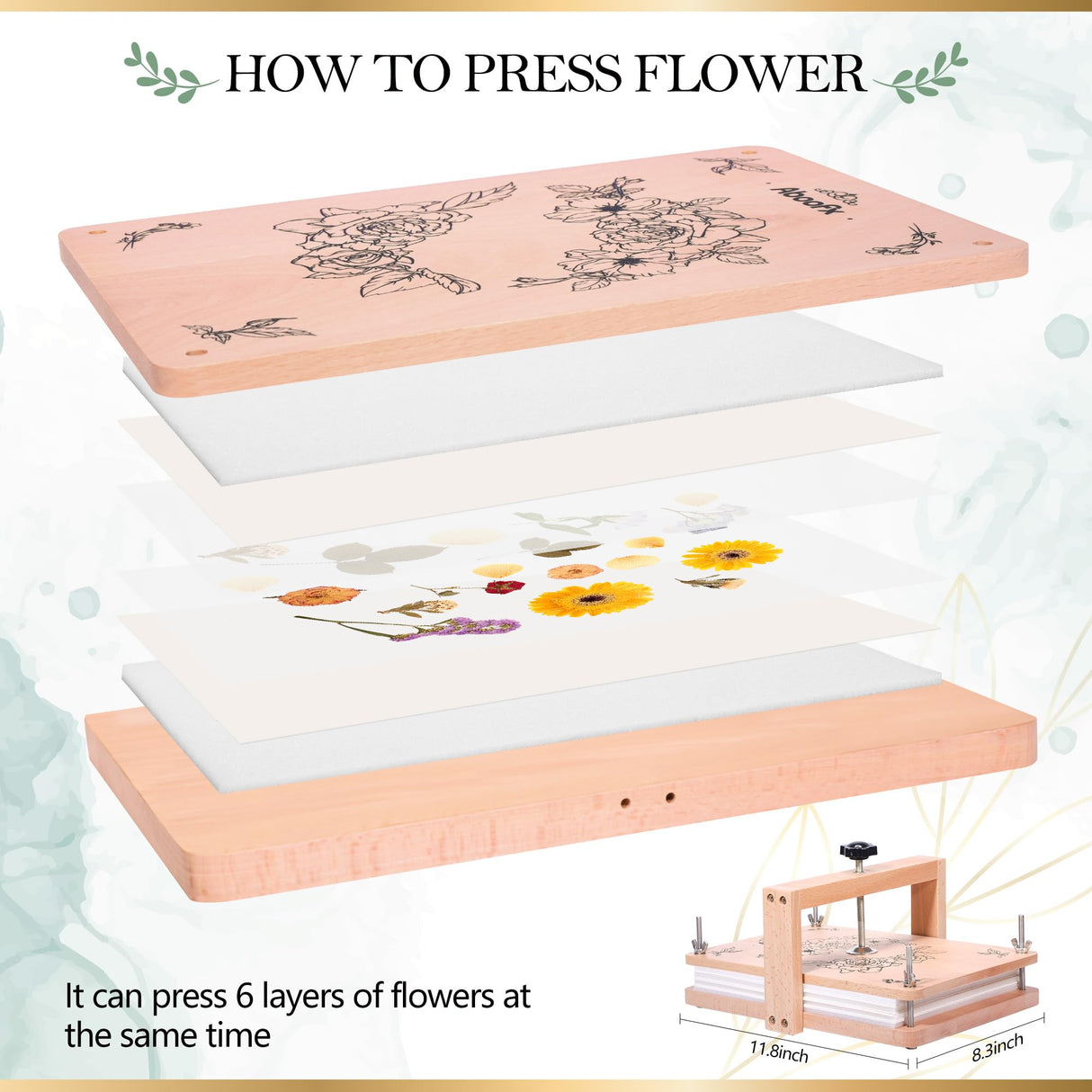 Aboofx Large Flower Press Kit, 6 Layers 11.8" x 8.3" Even Pressure for DIY Arts and Crafts, Dried Flower Plant Preservation Gift for Adult Craft Lovers, Wood Aboofx