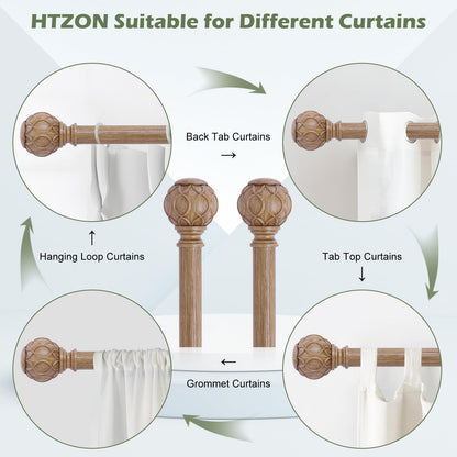 HTZON Wood Curtain Rods 48 to 84 Inch,1 Inch Adjustable Curtain Rod,Netted Wooden Window Curtains Rods,Farmhouse Rustic Heavy Duty Curtain Rods,Brown Wood Grain Decorative Single Drapery Rods 36-88"