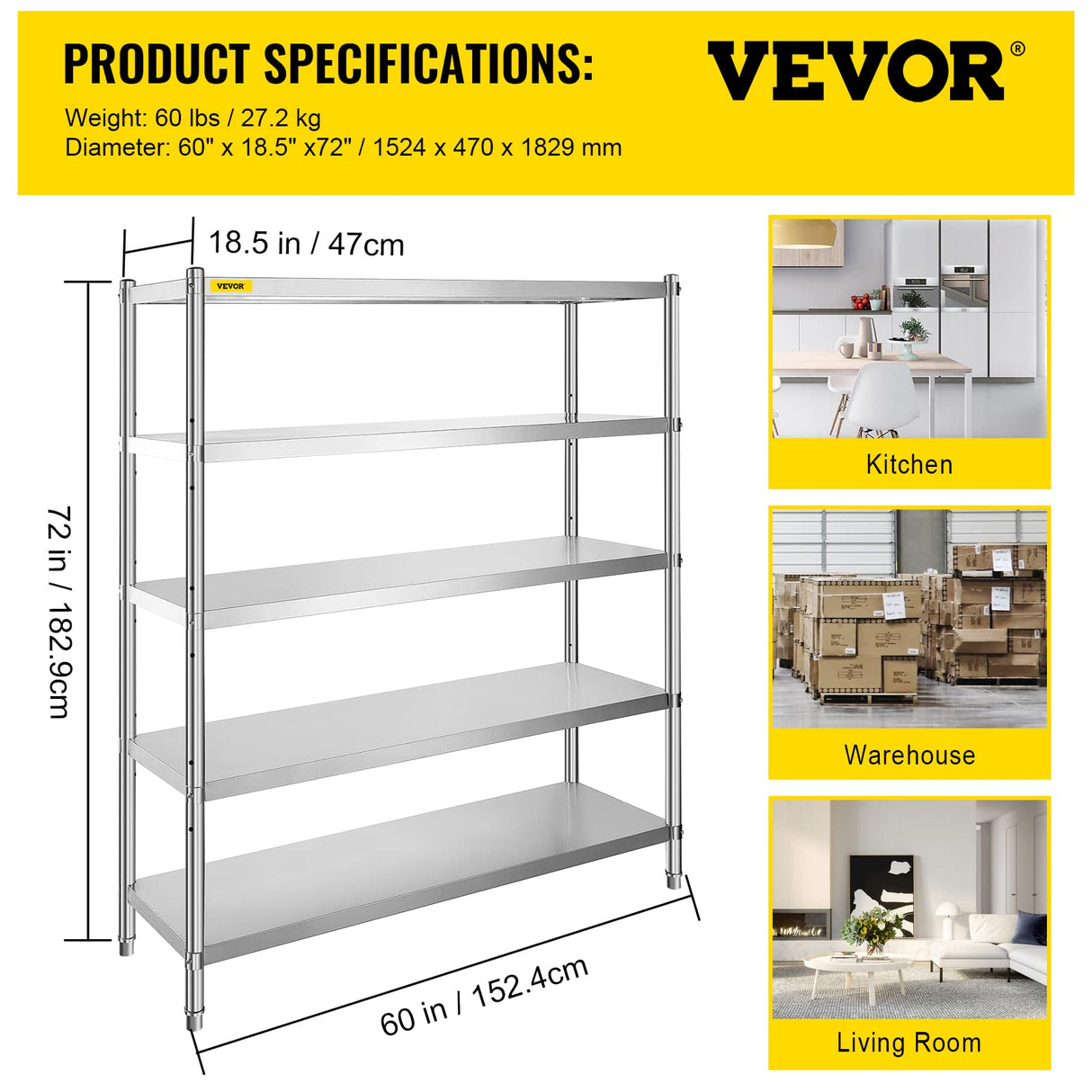 VBENLEM Stainless Steel Shelving 60x18.5 Inch 5 Tier Adjustable Shelf Storage Unit Stainless Steel Heavy Duty Shelving for Kitchen Commercial Office VBENLEM