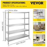 VBENLEM Stainless Steel Shelving 60x18.5 Inch 5 Tier Adjustable Shelf Storage Unit Stainless Steel Heavy Duty Shelving for Kitchen Commercial Office VBENLEM