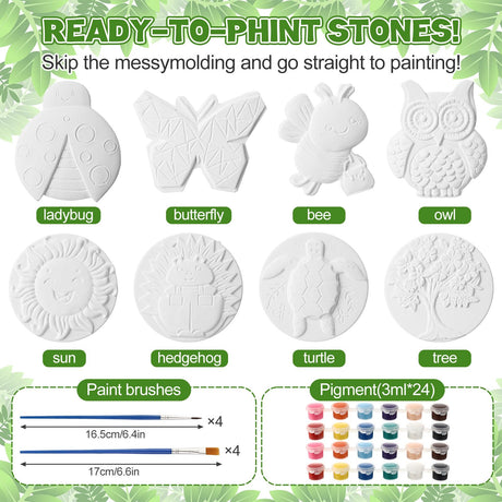 HyDren 8 Pcs Paint Your Own Plaster Stones, Summer Arts and Crafts Painting Kit Outdoor Garden Creative Project DIY Personalized Art Supplies Include Paint Palette Brush Xmas Birthday Gift(Animal) HyDren