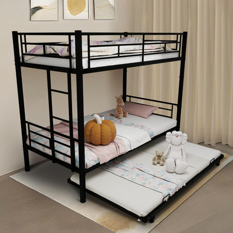 Bunk Bed Twin Over Twin with Trundle, Metal 3 Bunk Bed with Ladder & Full-Length Guardrail, Heavy Duty Bed Frame, Triple Bunk Beds for Kids/Teen/Adults, Easy to Assemble, No Box Spring Needed, Black NicBex